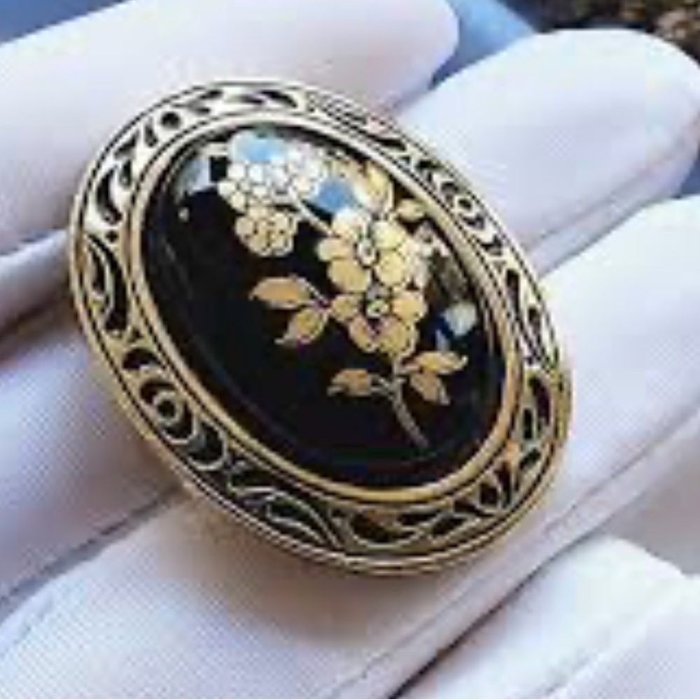 Vintage West Germany Black and Gold Floral Scarf Clip